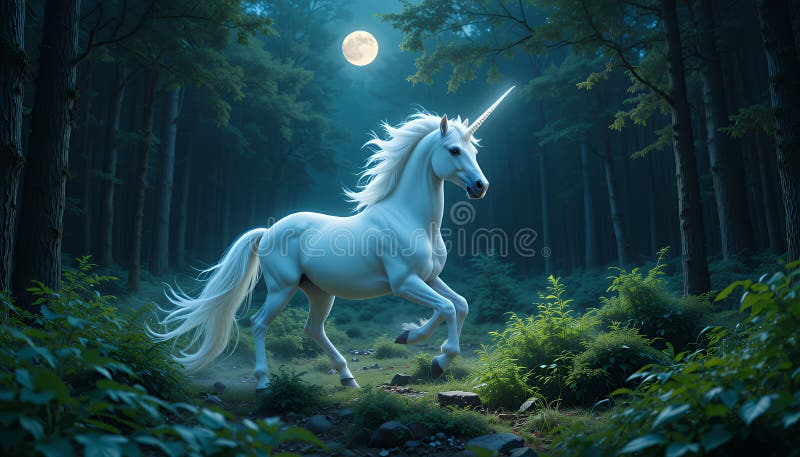 Pixel Art Unicorn i Moonlit Forest : A Magic Nght Scene royaltyfri illustrationer
