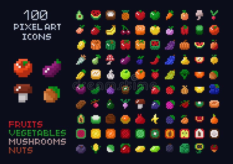 Pixel Art Vector Fruits Set 16x16 Isolated On White Background