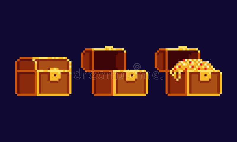 Pixel art vector illustration av guldskatt av trä som öppnats och fyllts med guldmynskedjor och ruby vektor illustrationer