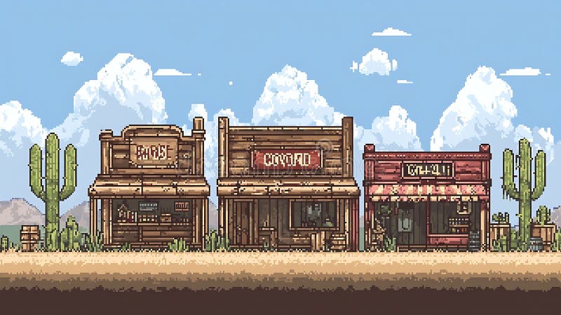 Pixel Art Western Town Saloon General Store and Pharmacy in the Desert royalty free illustration