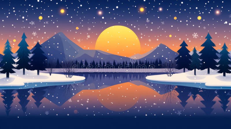Pixel Art Winter Sunset Landscape with Snowy Mountains and Lake