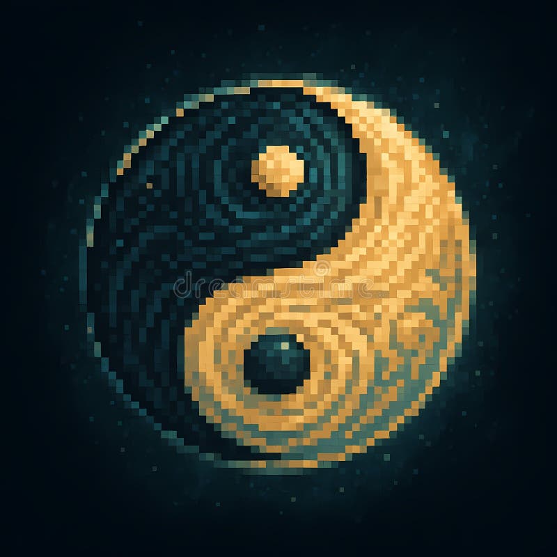 Pixel art of Yin Yang symbol z mistycznym efektem świecącym unikalny projekt ciemne tło drukuj tapetę sztuki tapety fotografia stock