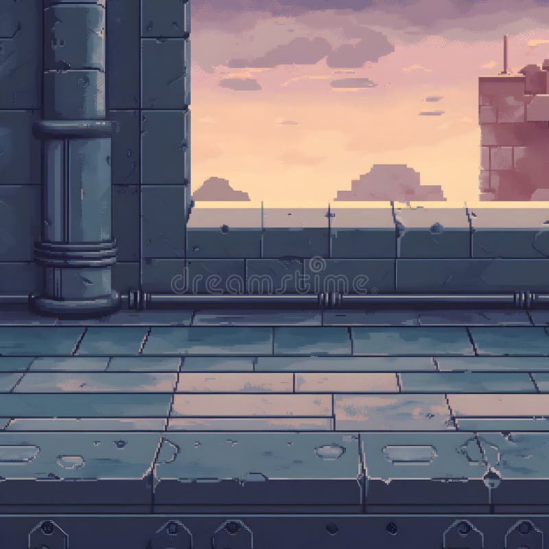 Pixel Art Вид на крышу городского пейзажа на закате с промышленными трубами в стиле минимализма иллюстрация вектора