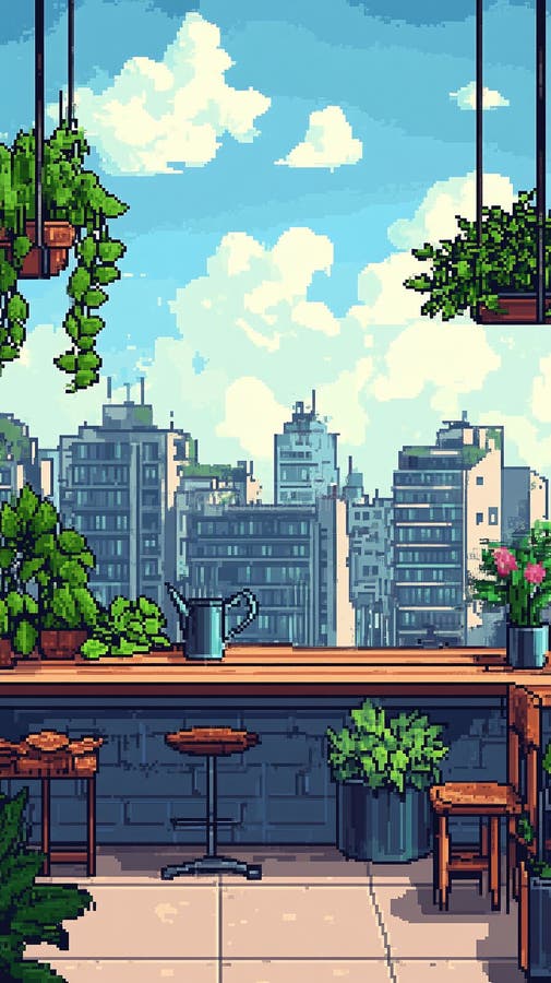 Pixel art сад на крыше с растениями полива банок и уютные места. иллюстрация вектора
