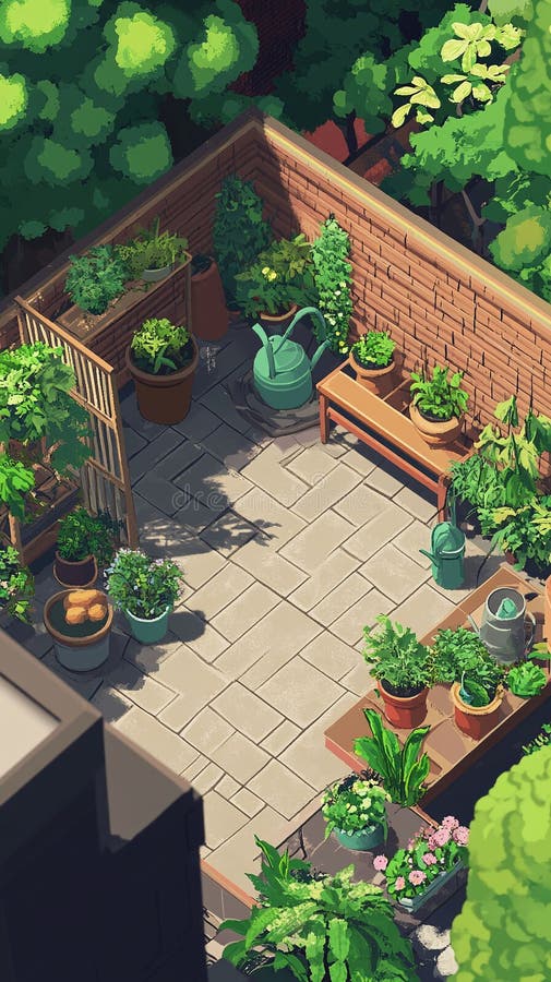 Pixel art сад на крыше с растениями полива банок и уютные места. иллюстрация штока