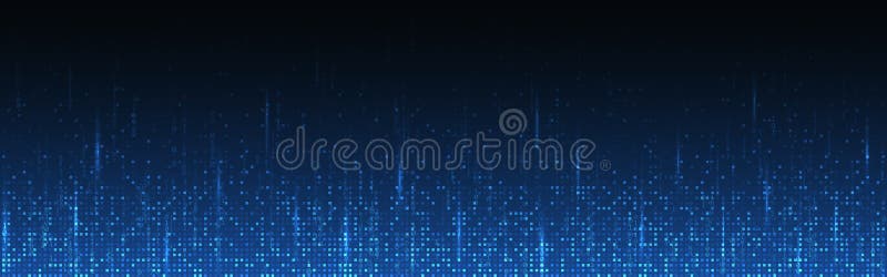 Pixel background. Binary code with glowing data streams and digital matrix grid on a dark blue backdrop. Futuristic backdrop for stock illustration