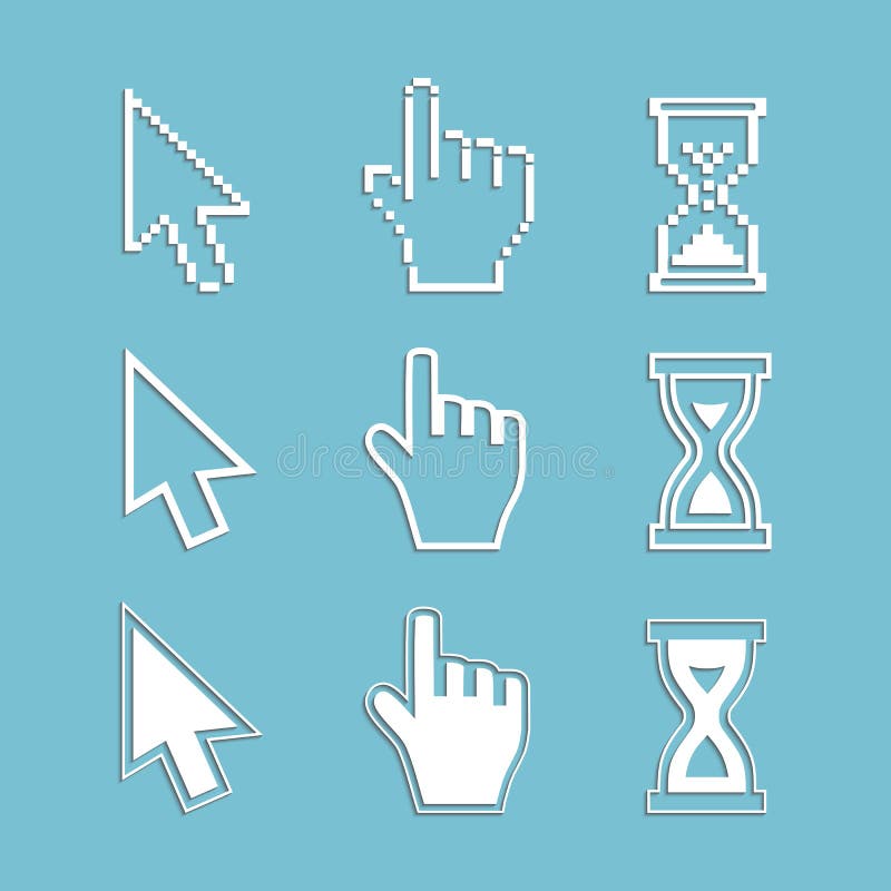 Pixel cursors and outline icons: mouse hand arrow hourglass. vector illustration