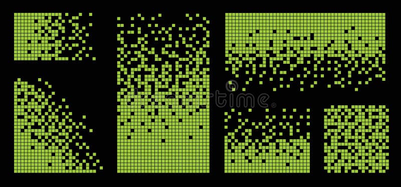 Pixel disintegration background set. Decay effect. Dispersed dotted pattern. Concept of disintegration, pixel mosaic vector illustration
