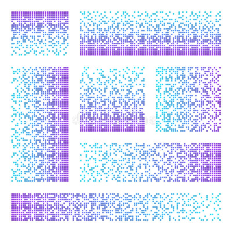 Pixel disintegration, decay effect. Various rectangular elements made of colorful square shapes. Dispersed dotted stock illustration