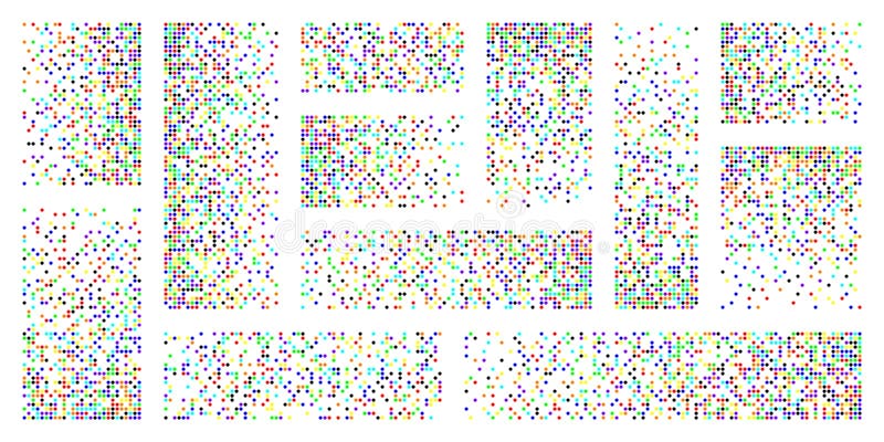 Pixel disintegration, decay effect. Various rectangular elements made of round shapes. Dispersed dotted pattern. Mosaic stock illustration