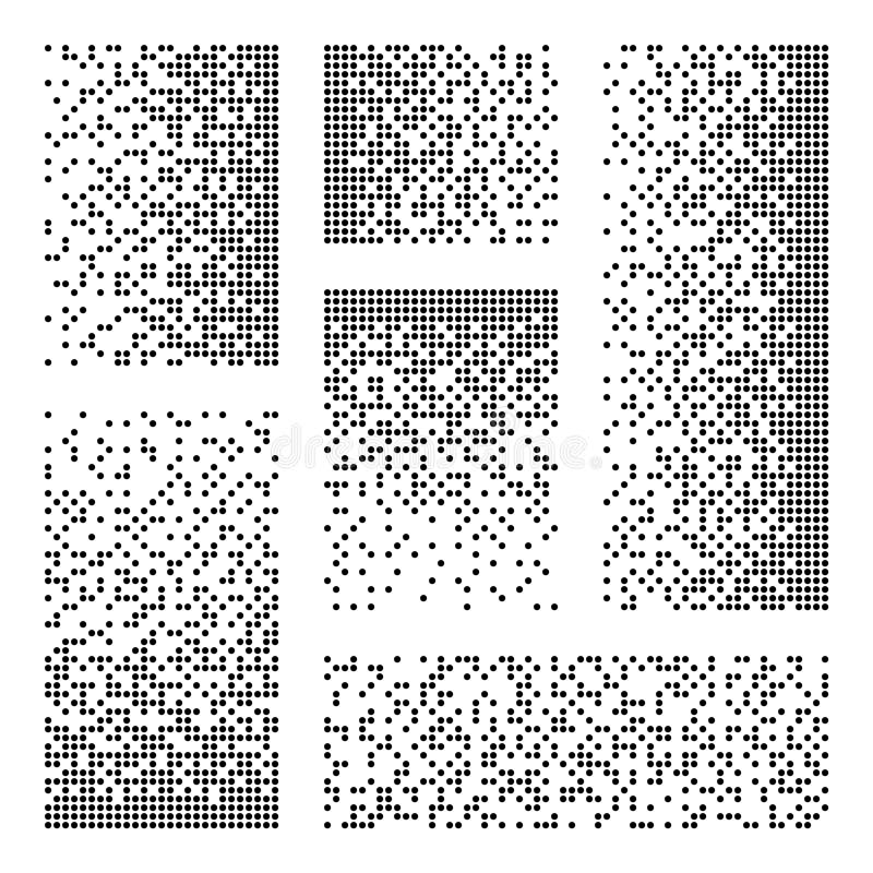 Pixel disintegration, decay effect. Various rectangular elements made of round shapes. Dispersed dotted pattern. Mosaic vector illustration