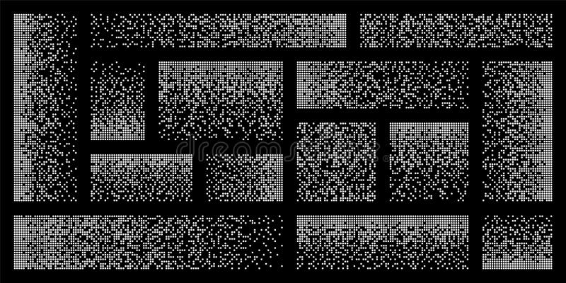 Pixel disintegration, decay effect. Various rectangular elements made of round shapes. Dispersed dotted pattern. Mosaic royalty free illustration