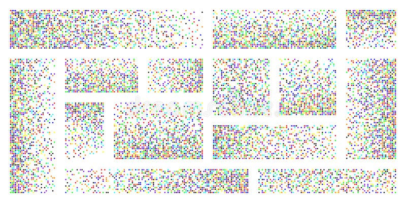 Pixel disintegration, decay effect. Various rectangular elements made of round shapes. Dispersed dotted pattern. Mosaic stock illustration