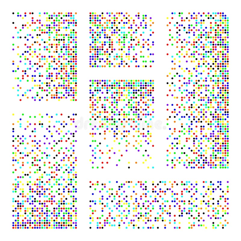 Pixel disintegration, decay effect. Various rectangular elements made of round shapes. Dispersed dotted pattern. Mosaic stock illustration