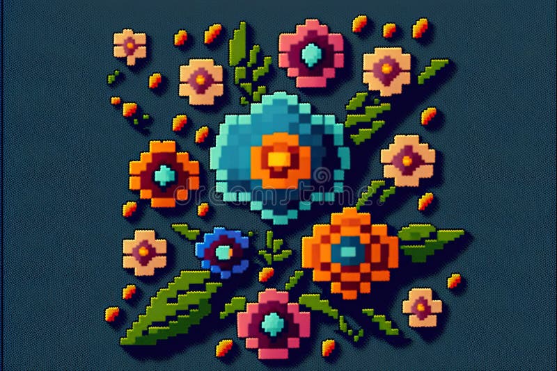 Pixel flower. Created with Generative AI technology. stock illustration