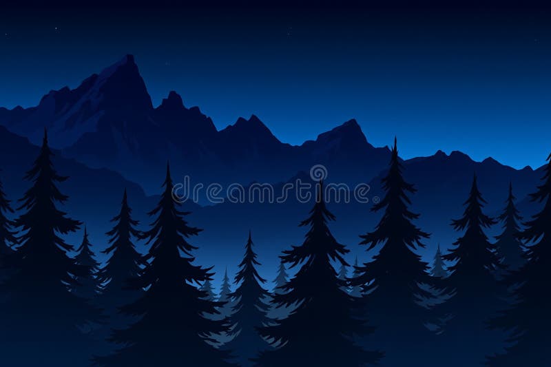 Pixel Forest at Twilight mit silbrigen Bäumen und Bergbereichen in dunkelblauen digitalen Artwork lizenzfreie abbildung
