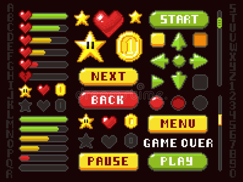 Pixel game buttons, navigation and notation elements and symbols vector set stock illustration