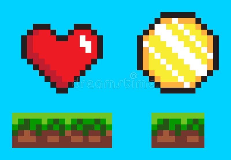 Coin and Heart on Ground, Pixel Game Icons Vector