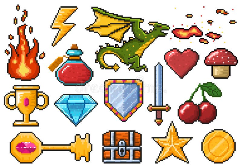 Pixel game elements. Games ui magic items, fire, trophy, coin, dragon and poison vector illustration set. Digital vector illustration