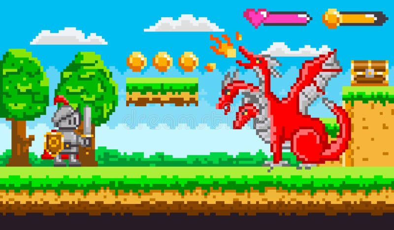 Pixel Game With Dragon and Knight Fighting Vector royalty free illustration Pixel Game With Dragon and Knight Fighting Vector royalty free illustration
