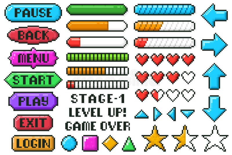 Pixel game menu buttons. Game 8 bit ui controller arrows, level and live bars, menu, stop, play buttons vector illustration set. Gaming menu buttons. Game interface pixel, gui 8-bit graphic