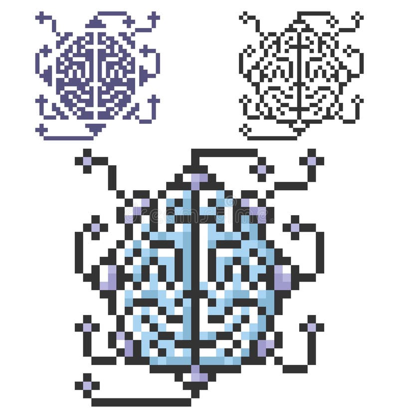 Pixel icon of brain as central processing unit in three variants