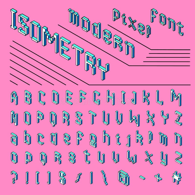 Pixel isometrische doopvont symbolen met 8 bits 3D Digitale videospelletjestijl Letters en getallen Uitstekende retro lettersoort stock illustratie Pixel isometrische doopvont symbolen met 8 bits 3D Digitale videospelletjestijl Letters en getallen Uitstekende retro lettersoort stock illustratie