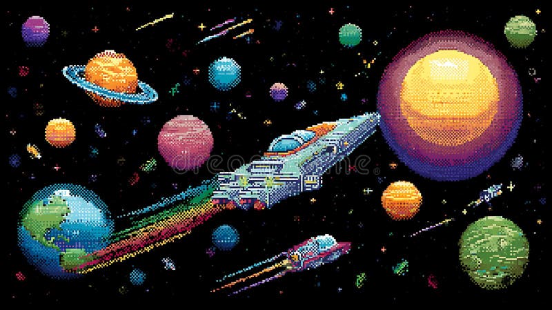Pixel-Kunst, die eine lebhafte Raumszene mit verschiedenen bunten Planeten darstellt, und vektor abbildung