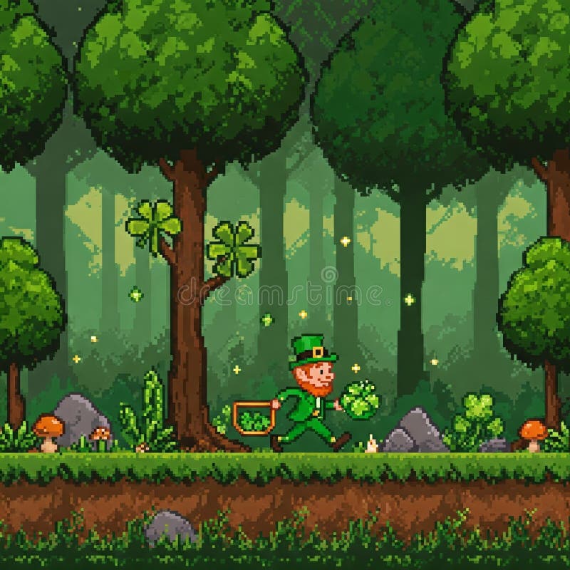 Pixel Leprechaun in Forest : Shamrock Basket Adventure vektor abbildung