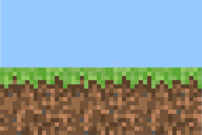 Pixel minecraft style land background. Concept of game ground pixelated horizontal seamless background with blue sky. Vector