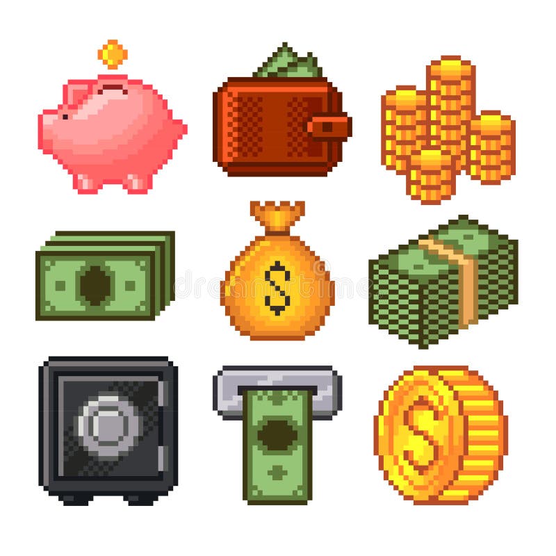 Pixel money icons vector set vector illustration