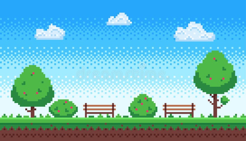 Tận hưởng không khí xưa cũ với công viên pixel và trò chơi retro 8 bit. Quang cảnh xanh mướt với cây pixel và bầu trời xanh sẽ khiến bạn liên tưởng đến thời đại game cũ. Hãy thưởng thức hình ảnh này để tạo không khí giải trí tuyệt vời.