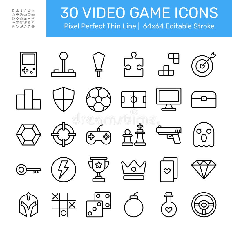 Pixel perfect black thin line icon set of a video game. Editable stroke vector 64x64 pixels. Collection of gaming objects. Pack royalty free illustration