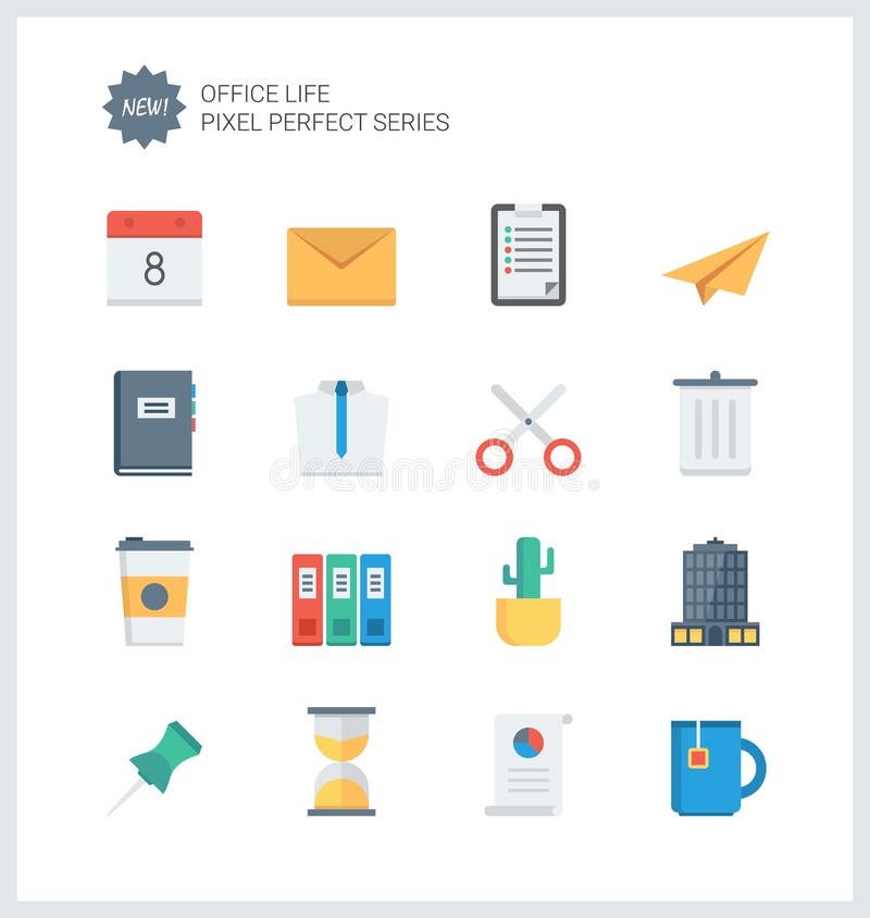 Pixel perfect office tools flat icons stock illustration