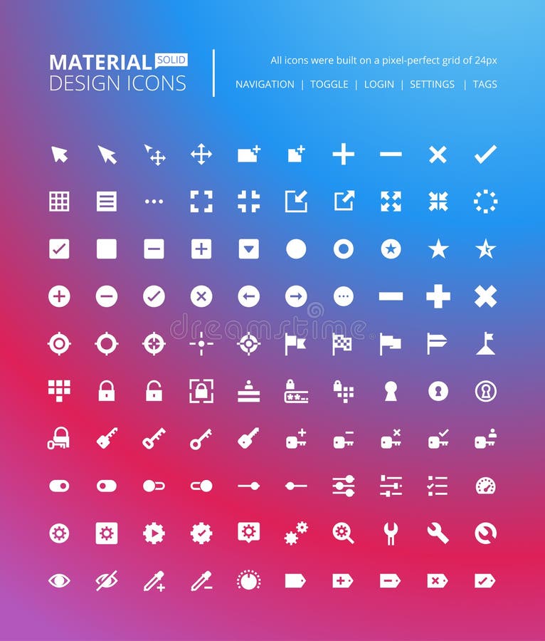 Pixel perfect solid material design icons stock illustration