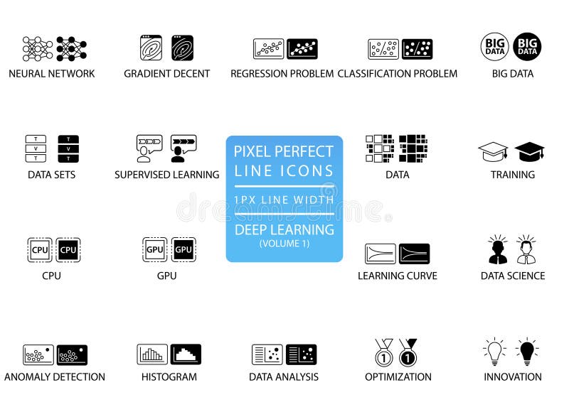 Pixel perfect thin line icons and symbols for deep learning. vector illustration