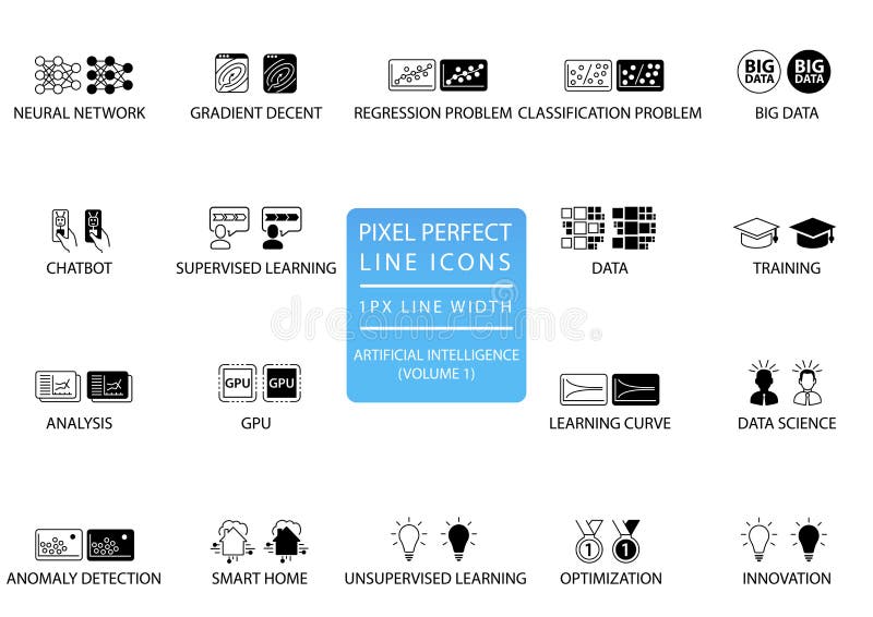 Pixel perfect thin line icons and symbols set for artificial intelligence / AI stock illustration