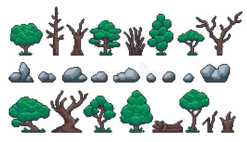 Pixel plants and stones. Retro 8 bit video game sprite assets of rocks, forest and park trees, logs, trunk and stump vector illustration
