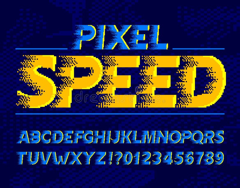 Pixel Speed alphabet font. Wind effect digital letters and numbers. Pixel background. vector illustration