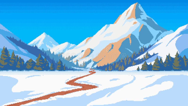 Pixel Art Winter Mountain Landscape: Serenity in the Snowy
