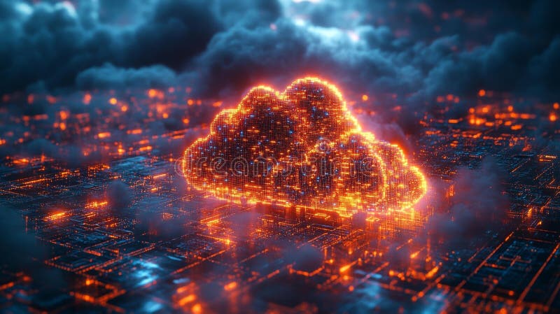 Pixelated cloud formation with glowing lights over a digital city grid vector illustration