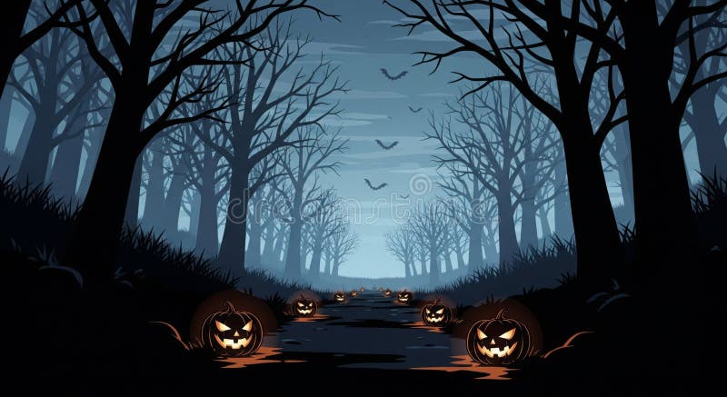 Pixelated Dark Forest Path with Glowing Pumpkins at Night stock illustration