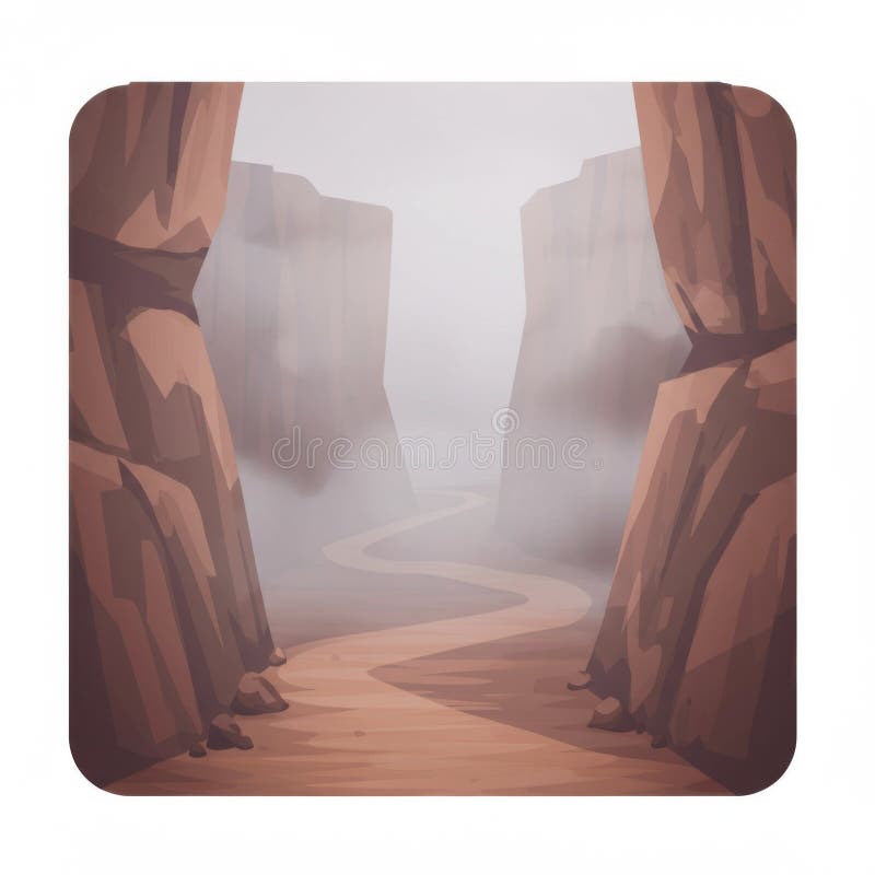 Pixelated Desert Canyon Landscape with Rocky Cliffs Fog and Winding Path vector illustration