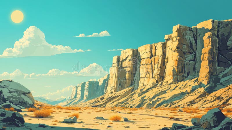 Pixelated Desert Canyon Landscape Under Sunny Sky vector illustration