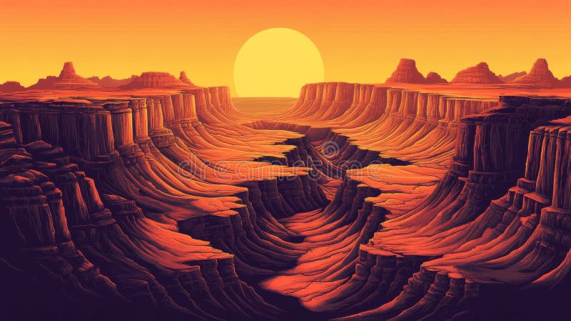 Pixelated Desert Canyon Sunset Landscape vector illustration
