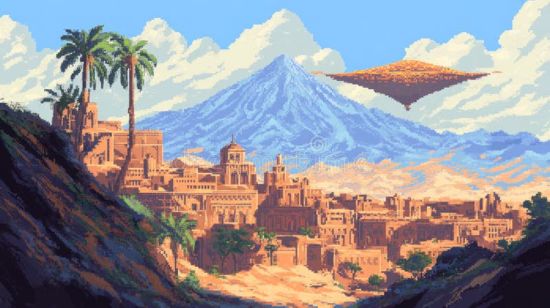 Pixelated desert city, floating island stock illustration