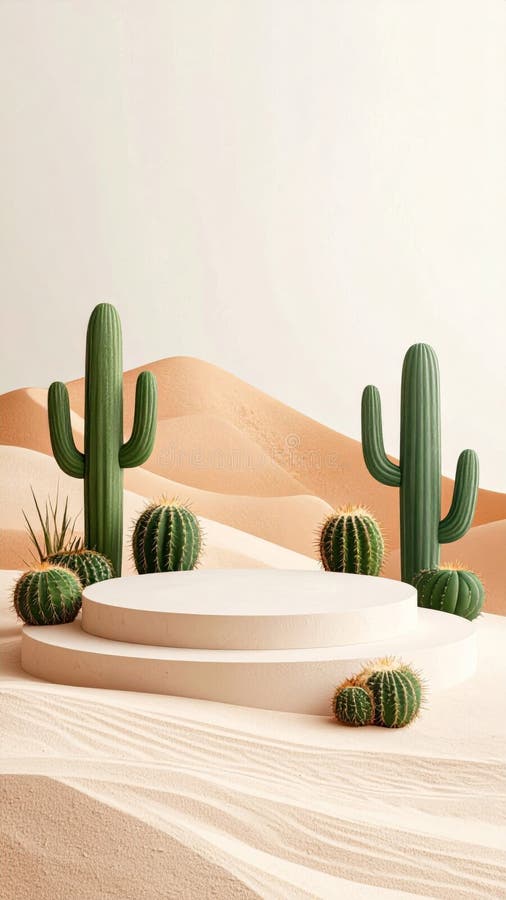Pixelated Desert Landscape With Cacti And Beige Display Podium in Clean Sand royalty free illustration