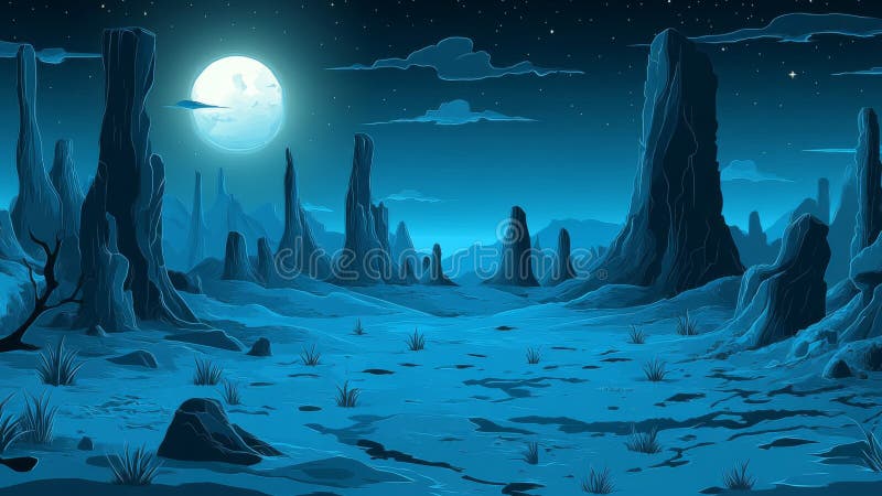 Pixelated Desert Landscape At Night Under Full Moon royalty free illustration