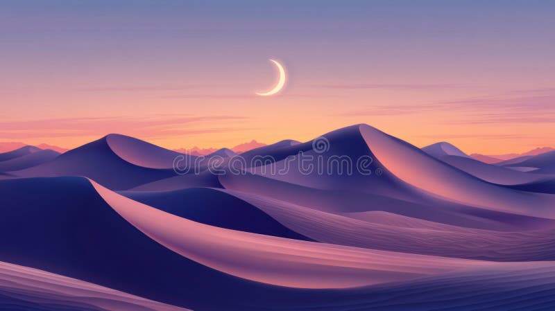 Pixelated Desert Landscape At Sunset With Crescent Moon stock illustration
