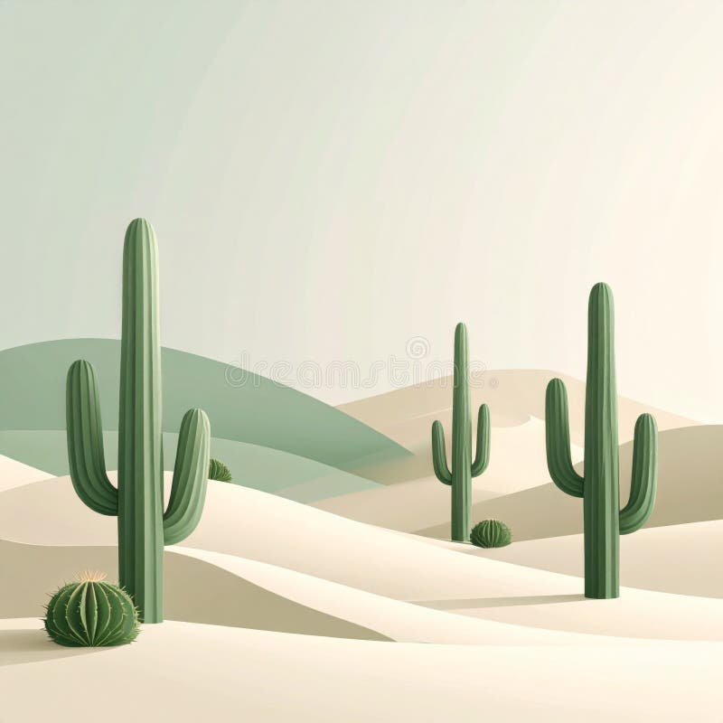 Pixelated Desert Landscape with Tall Cacti and Sand Dunes in Warm Tones stock illustration